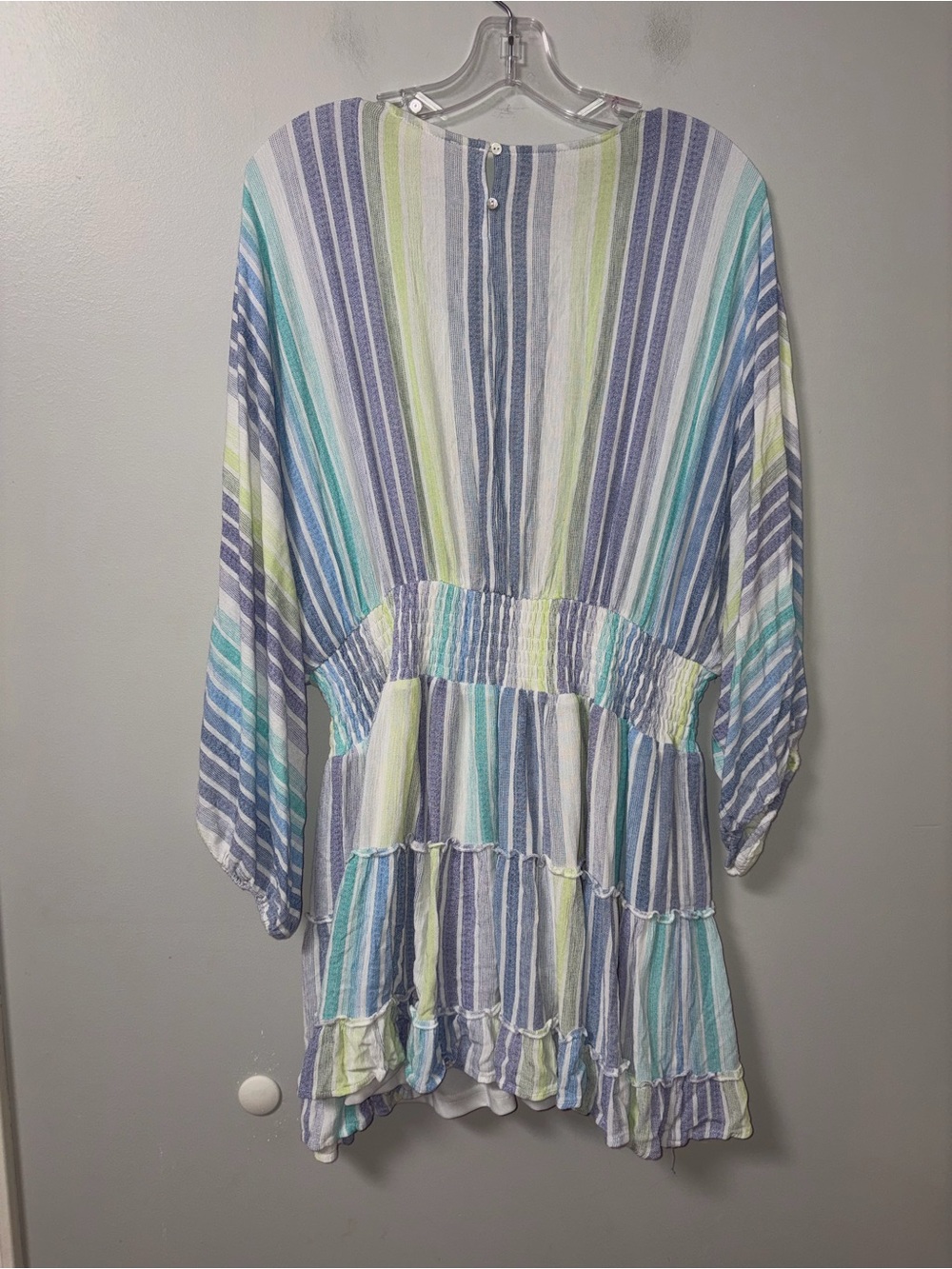 Entro Venice Beach Mini Dress Balloon Sleeve Smocked Striped Blue Green White 1X - Picture 4 of 4
